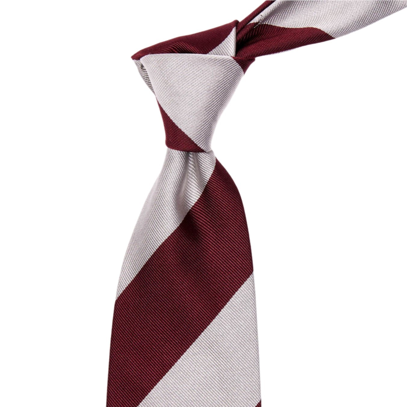 A burgundy and grey striped Sovereign Grade Oxblood Wide Rep Tie, 150cm handmade in the United Kingdom, shown on a white background by KirbyAllison.com.