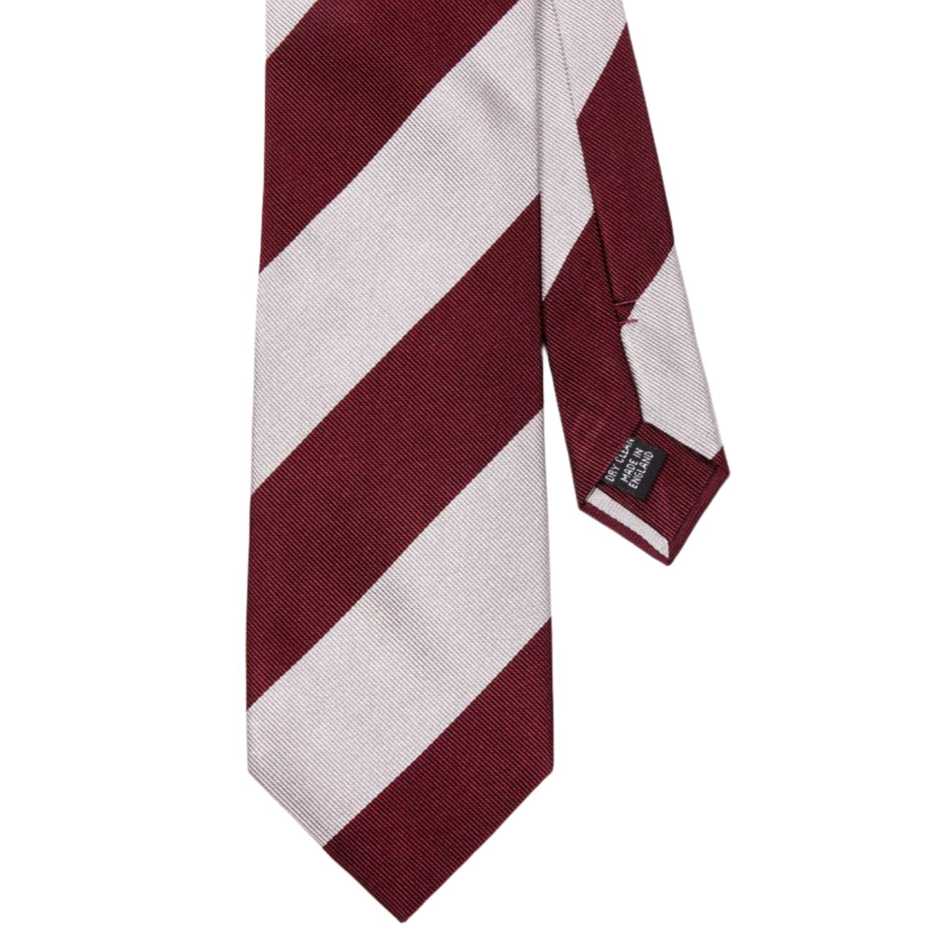 A Sovereign Grade Oxblood Wide Rep Tie, 150cm by KirbyAllison.com, in burgundy and white stripes on a white background, handmade in the United Kingdom.