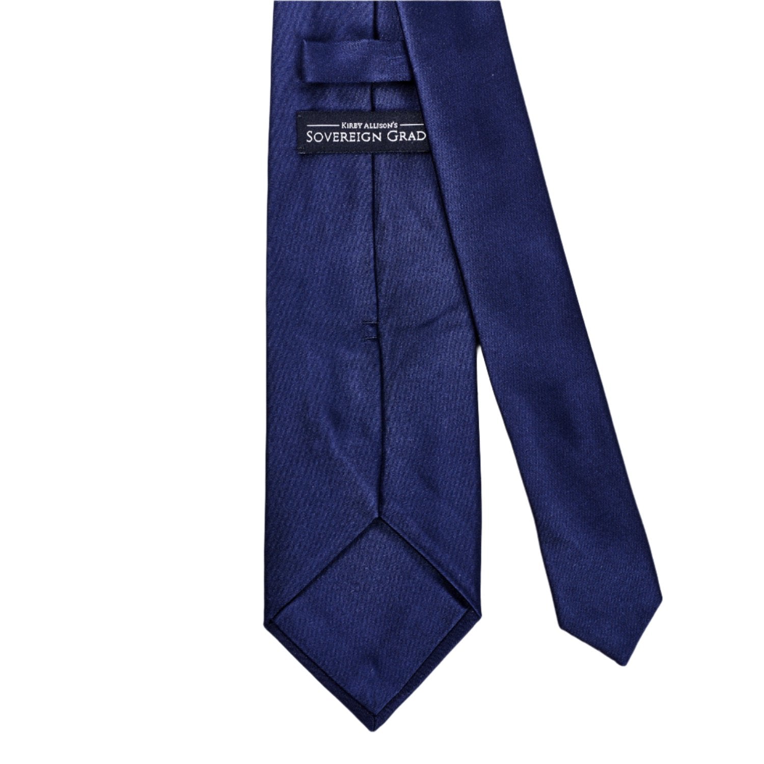 A Sovereign Grade Midnight Blue Satin Tie by KirbyAllison.com on a white background.