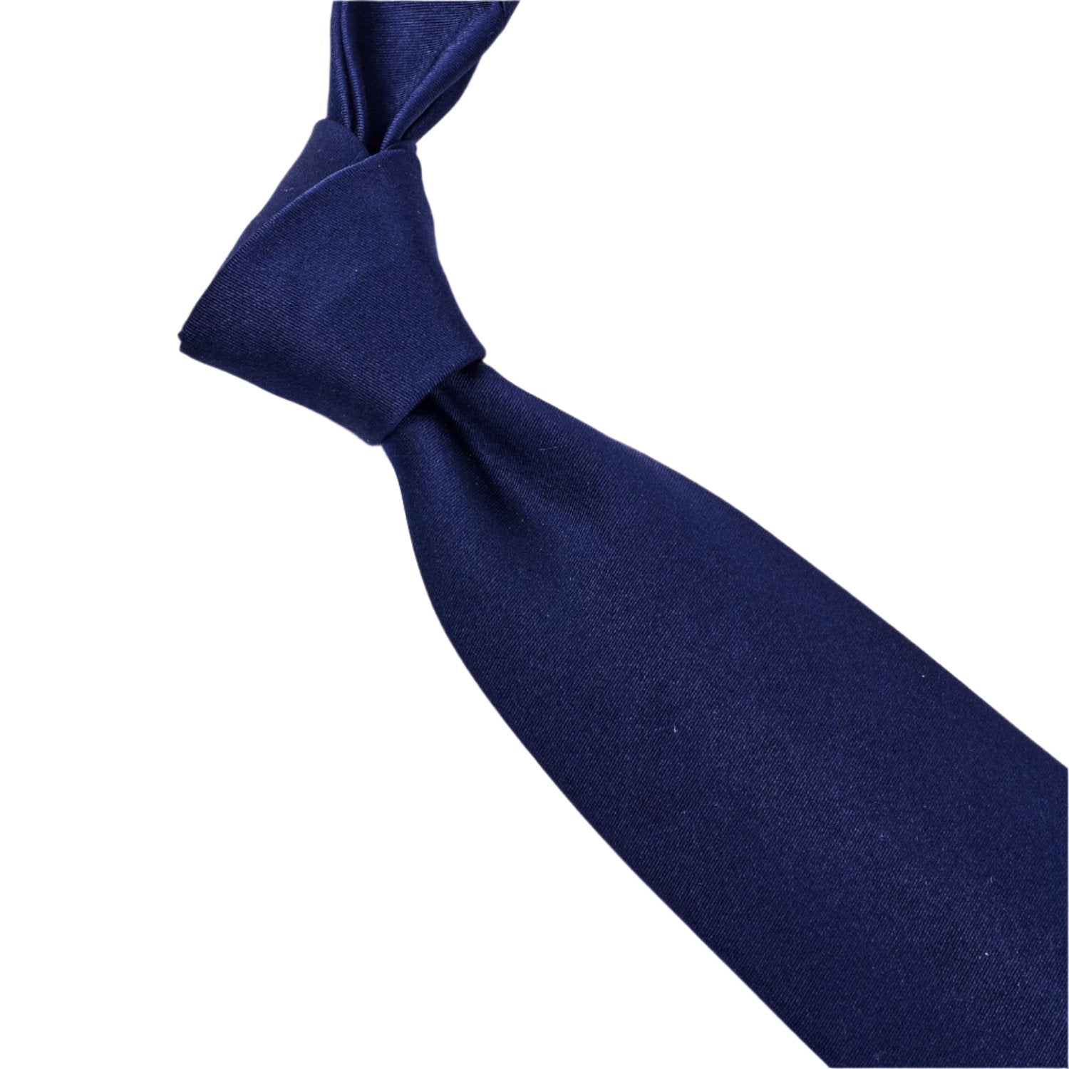 A handmade Sovereign Grade Midnight Blue Satin Tie from KirbyAllison.com on a white background.