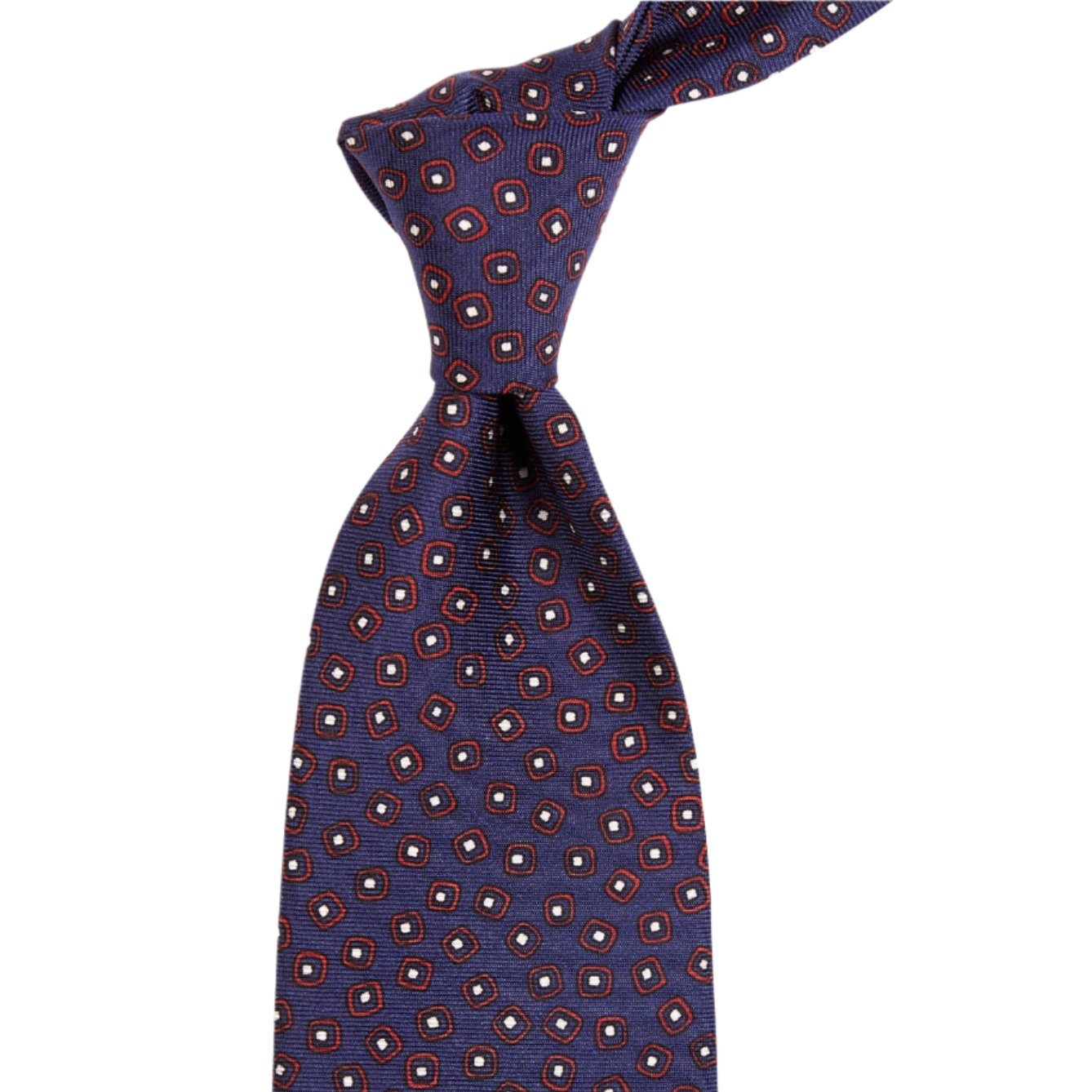 A Sovereign Grade Navy/Red Eton Printed Silk Tie, 150cm by KirbyAllison.com with a red and blue polka dot pattern.