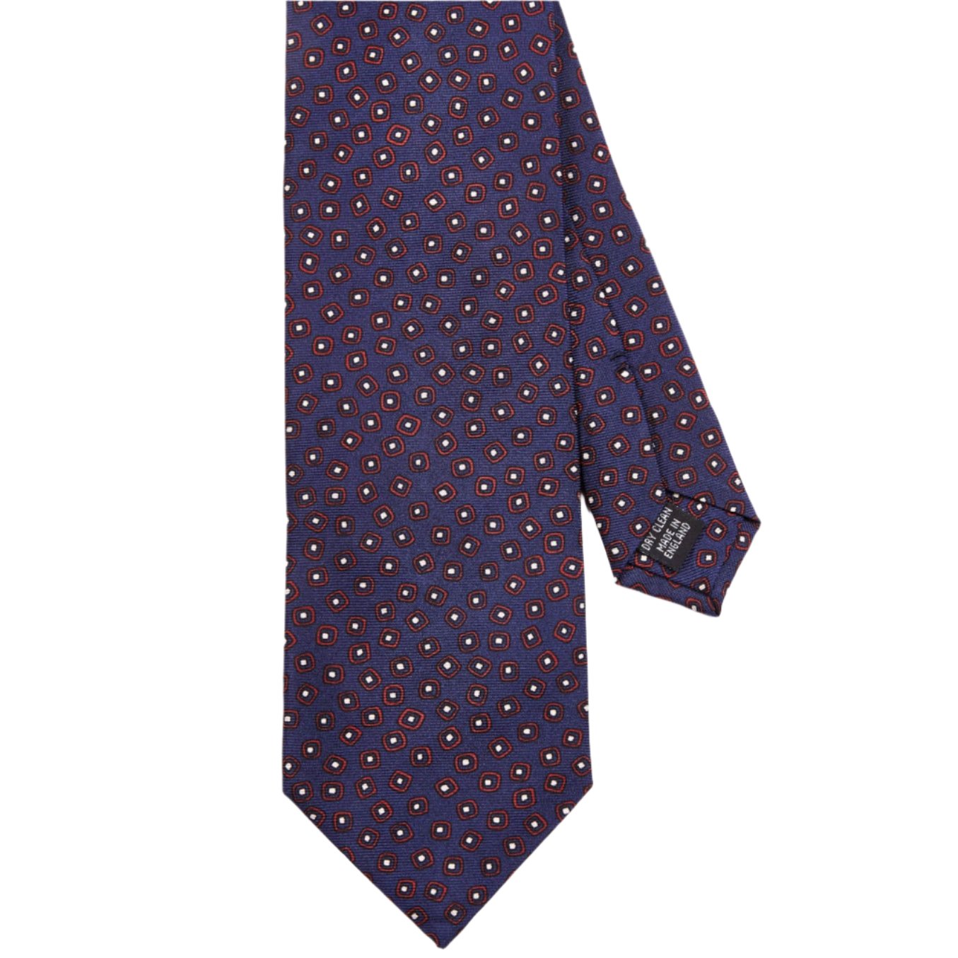 A Sovereign Grade Navy/Red Eton Printed Silk Tie, 150cm from KirbyAllison.com on a white background.