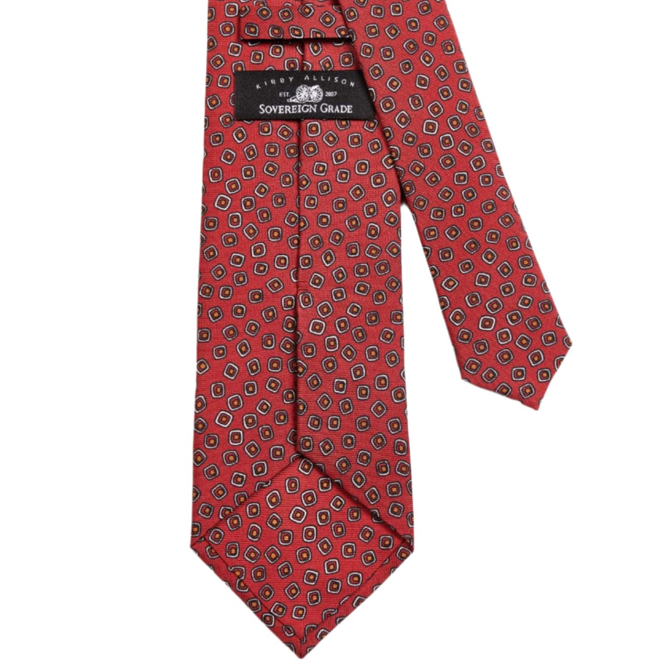 A Sovereign Grade Red Eton Printed Silk, 150cm tie from KirbyAllison.com with a black and white pattern of the highest quality.