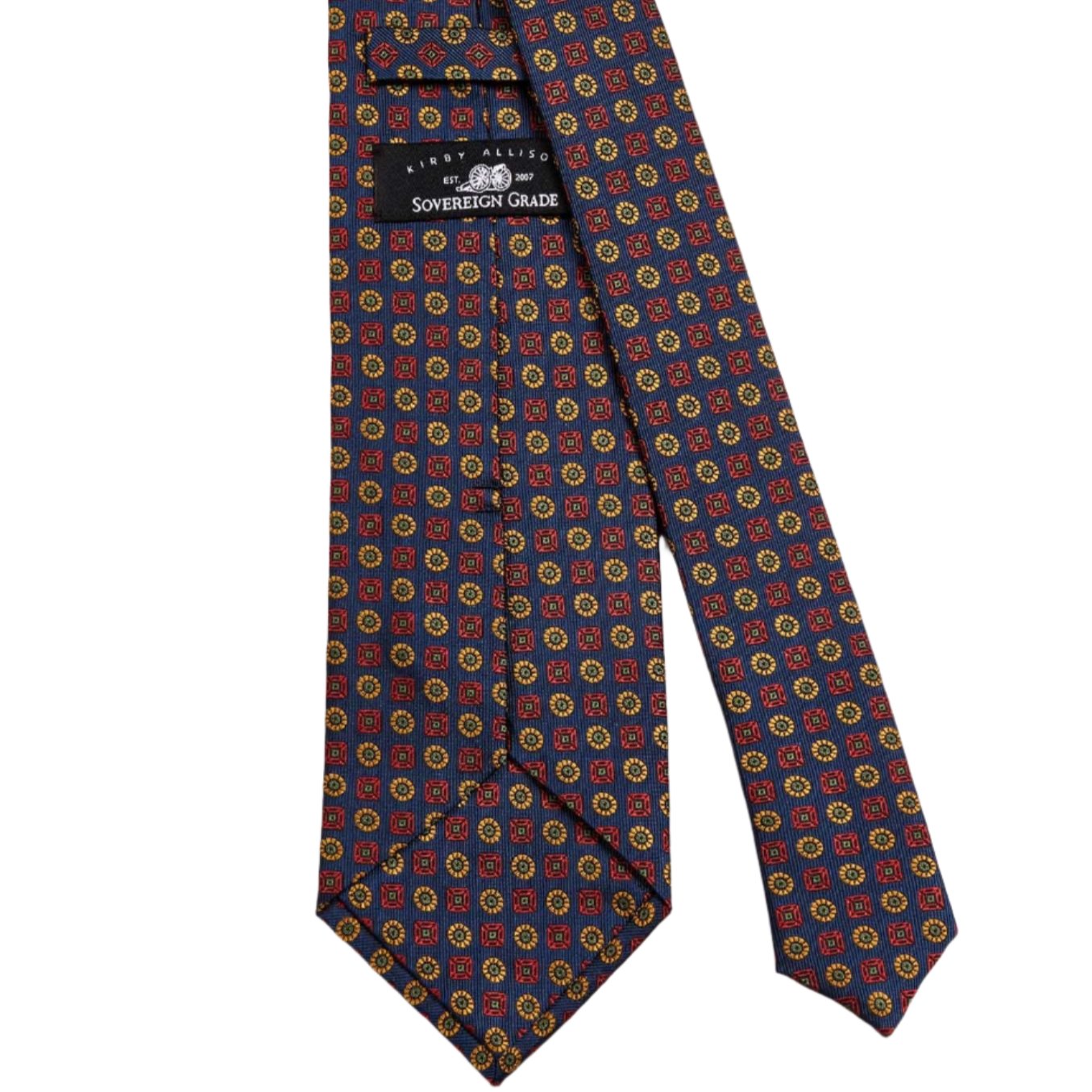 A KirbyAllison.com Sovereign Grade Navy Floral Jacquard Tie, 150 cm with a colorful pattern made in the United Kingdom.