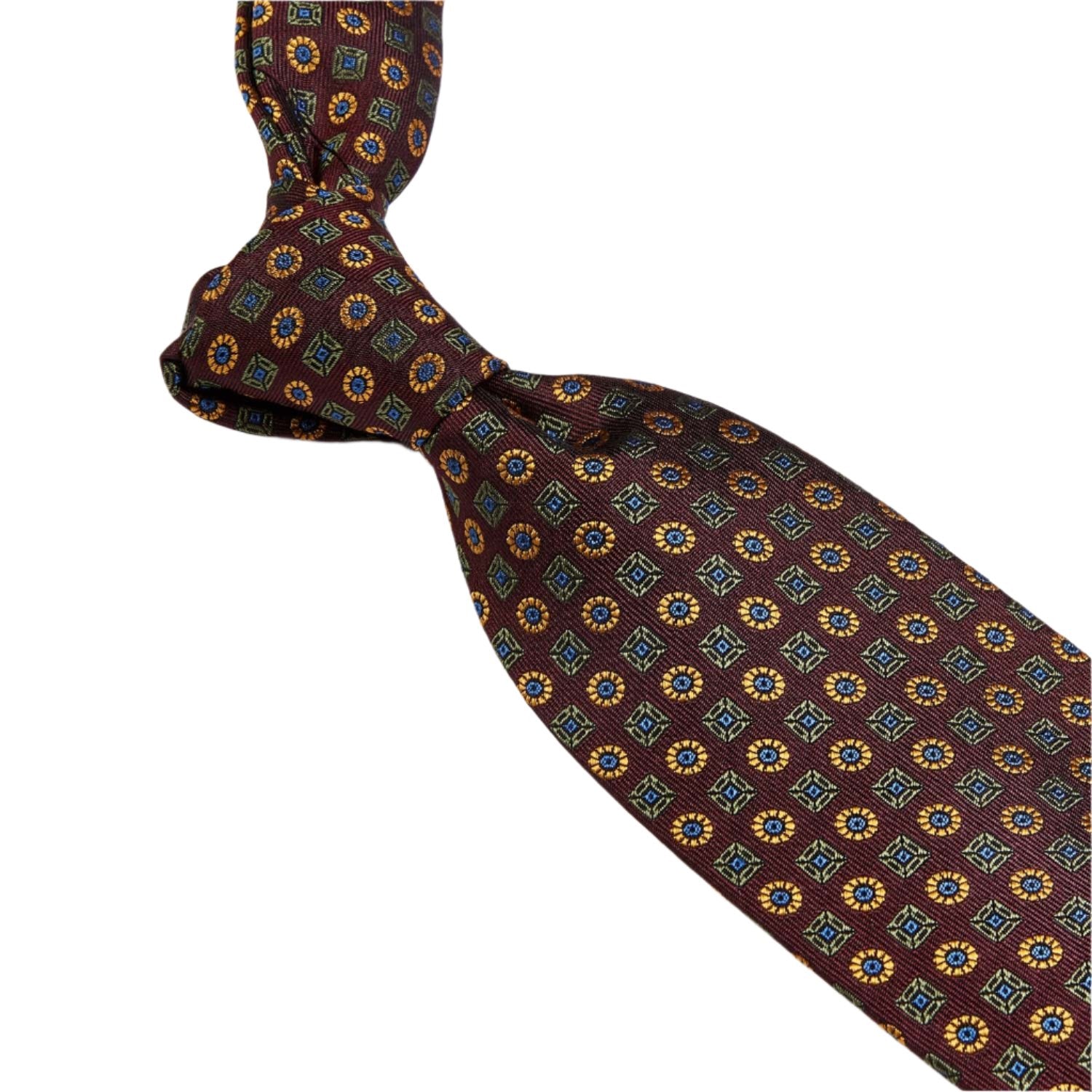 A Sovereign Grade Burgundy Jacquard Floral Tie from KirbyAllison.com with a colorful pattern on it.