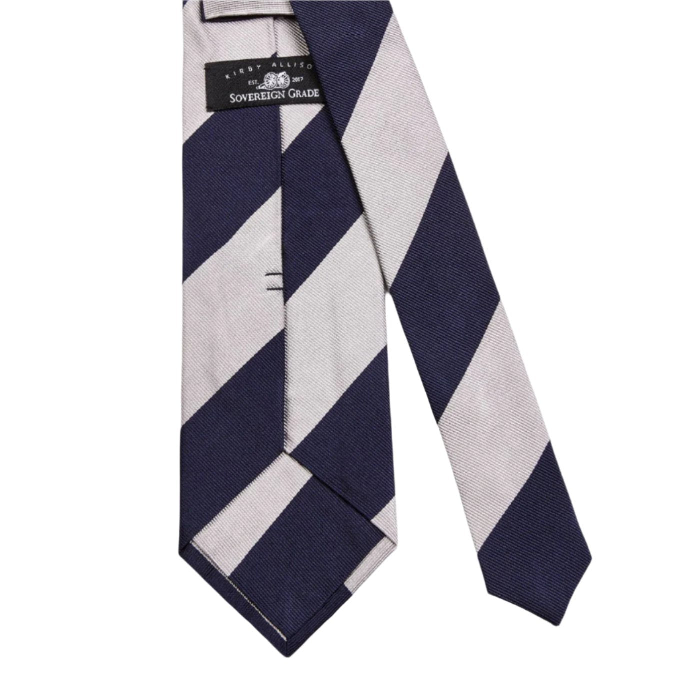 A KirbyAllison.com Sovereign Grade Navy Wide Rep Tie, 150 cm on a white background.