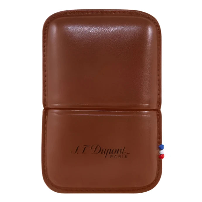 A S.T. Dupont Brown Leather Line 2 Lighter Case with a red, white and blue stripe made of calfskin leather.