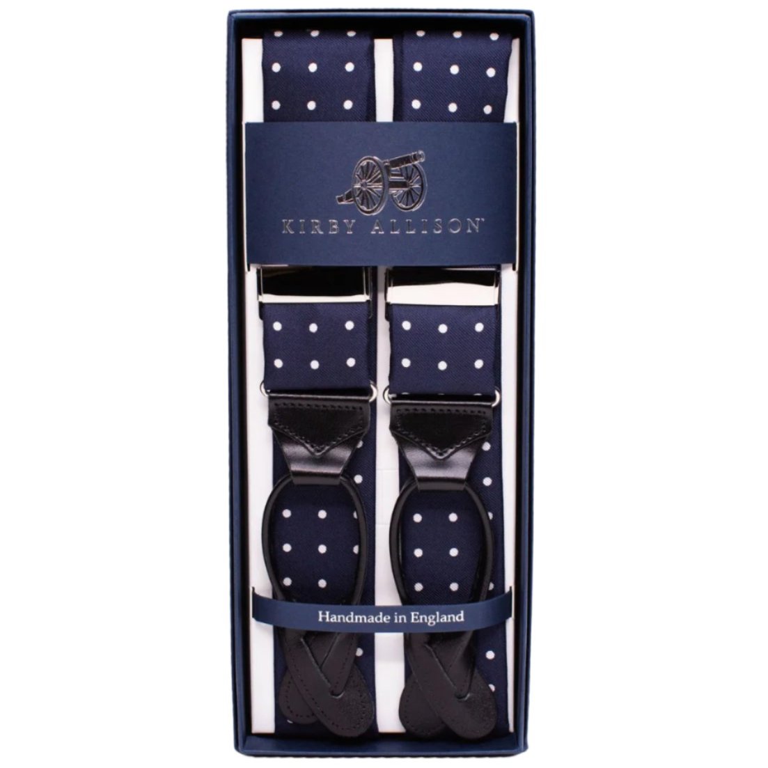 Sovereign Grade Navy/White Dot Braces packaged in a box by KirbyAllison.com.