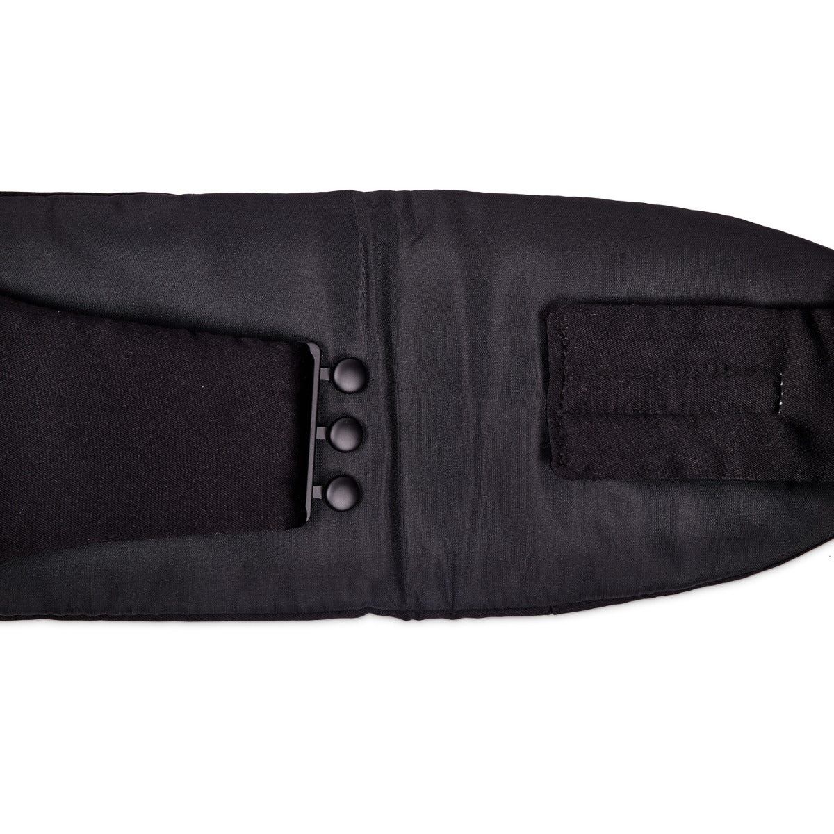 A Sovereign Grade Black Satin Cummerbund with buttons on it, made of silk from KirbyAllison.com.