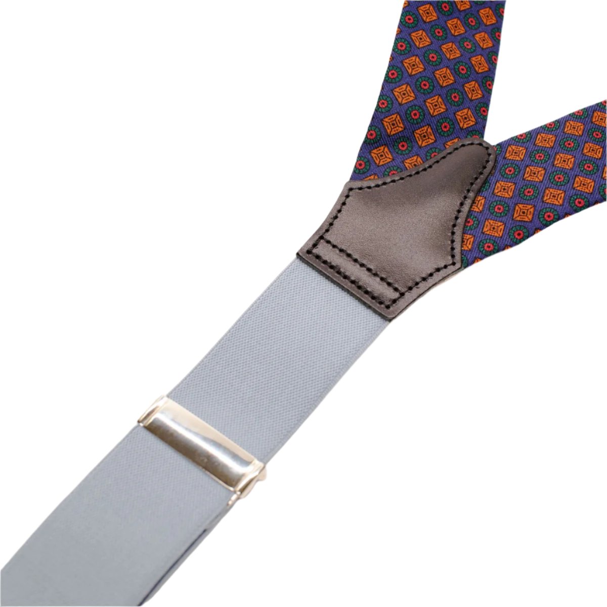 Adjustable leather Sovereign Grade Solid Claret Braces with a blue and orange pattern, available at KirbyAllison.com.