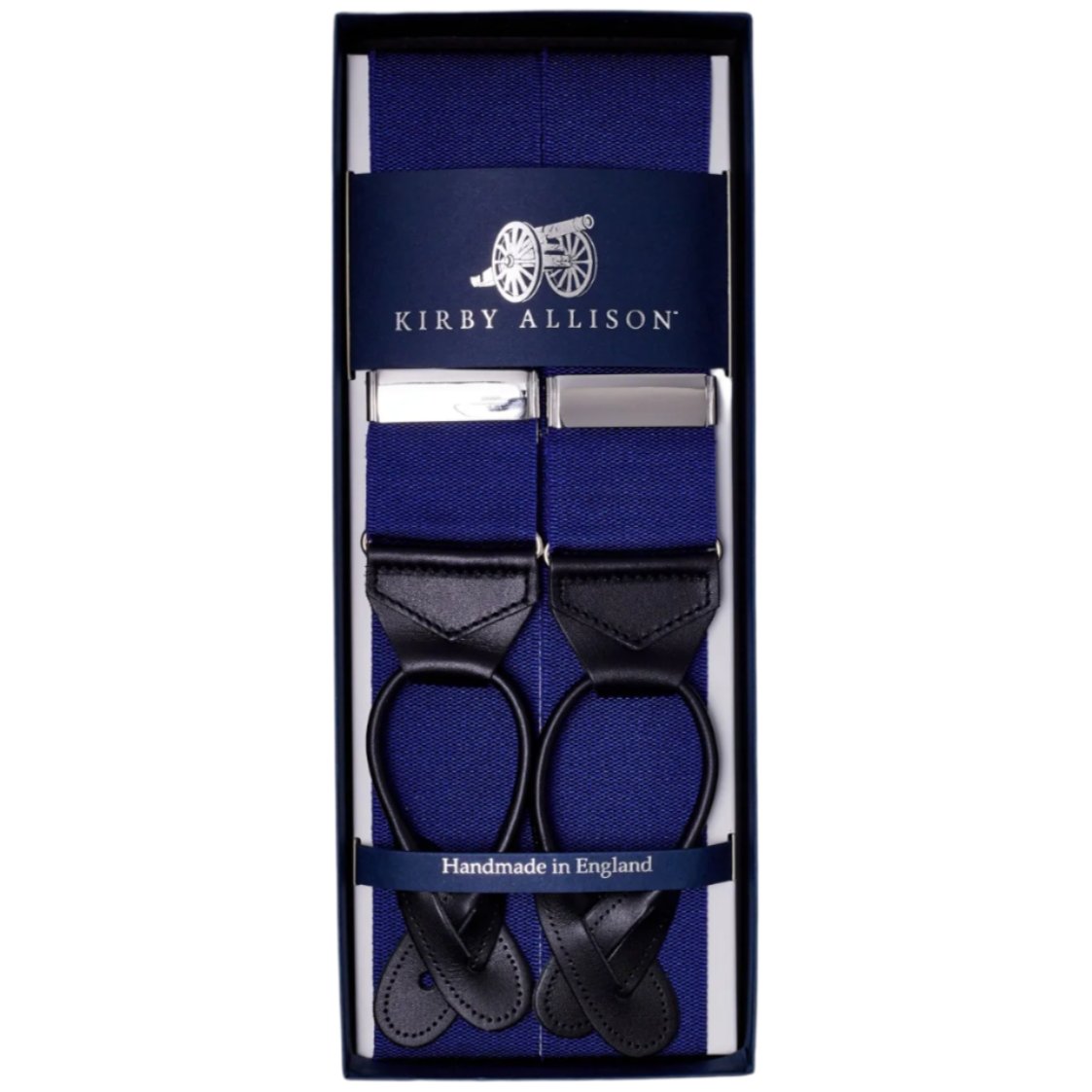 An adjustable pair of Sovereign Grade Solid Cornflower Braces in a KirbyAllison.com box.