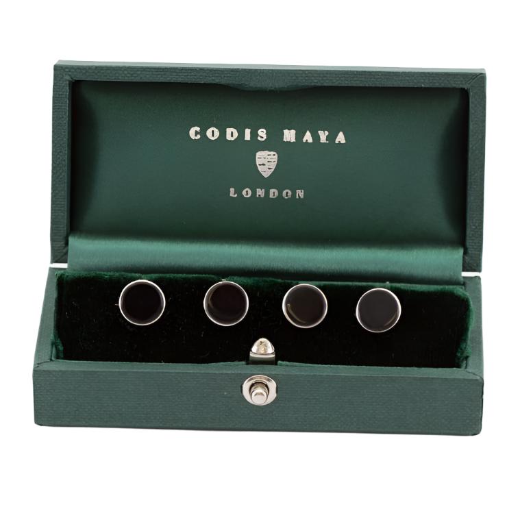 An ethically sourced Rhodium Plated Onyx Stud set of cufflinks in a green box from KirbyAllison.com.