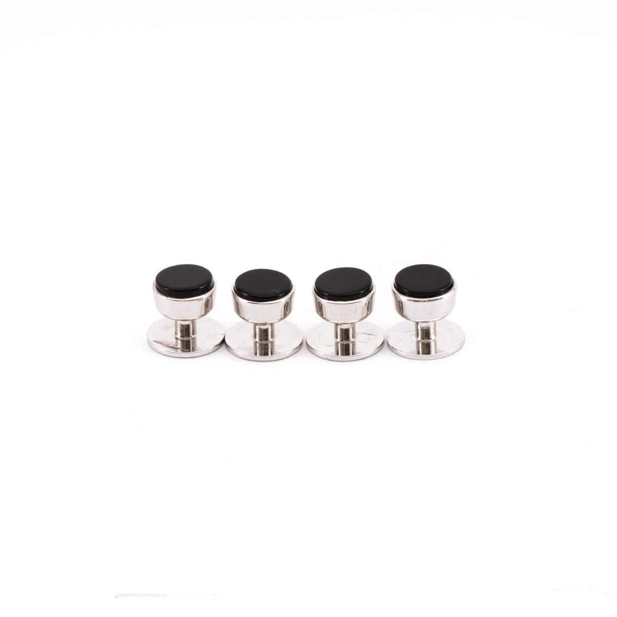 A set of ethically sourced KirbyAllison.com Rhodium Plated Onyx Stud Set featuring black Onyx stones on a white background.