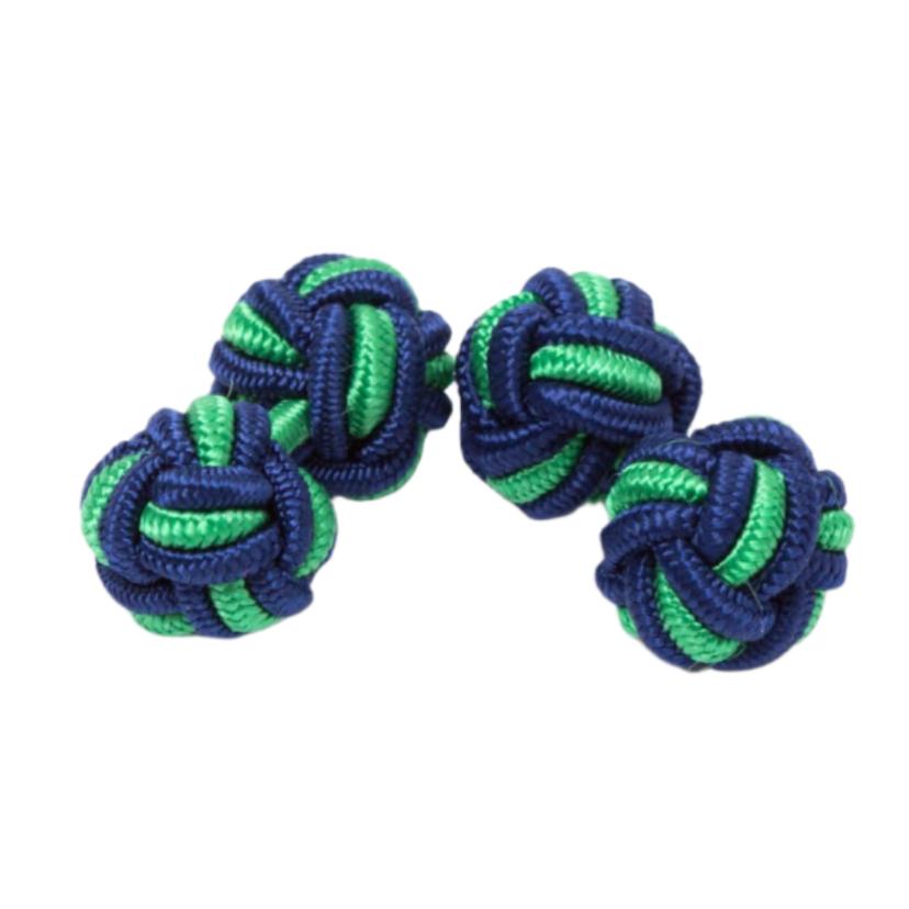 Navy and emerald Dual Colored Knot Cufflinks by KirbyAllison.com for double-cuff shirt.