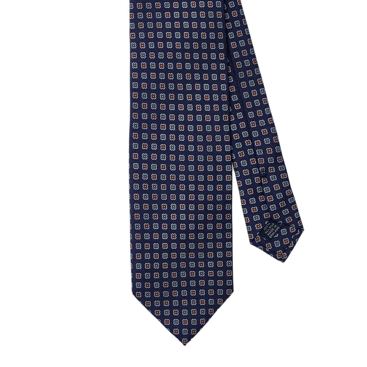 A Handmade Sovereign Grade Navy Daisy 36oz Printed Silk Tie by KirbyAllison.com, perfect for those in the United Kingdom.