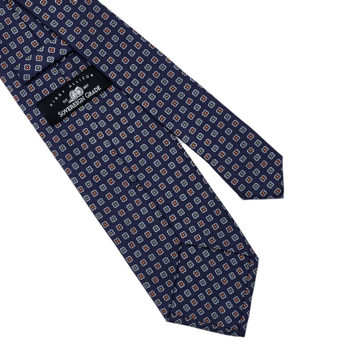 A Sovereign Grade Navy Daisy 36oz Printed Silk Tie with a blue and orange pattern from KirbyAllison.com.