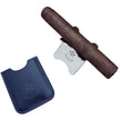 A Kirby Allison Petrol Blue Cigar Stand featuring a calfskin leather case for holding a Les Fines Lames cigar.