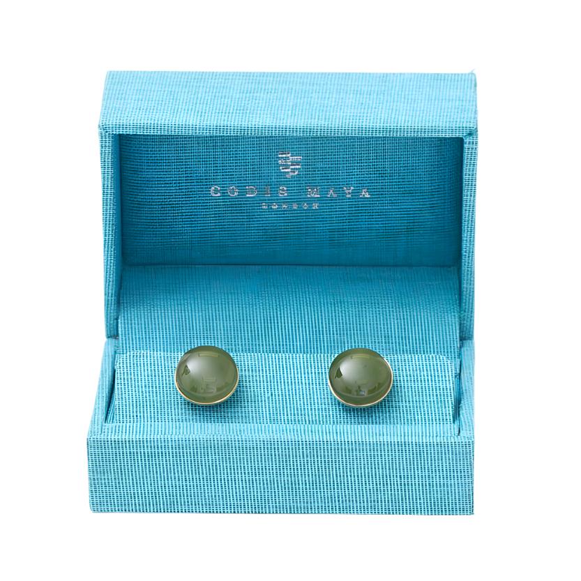 Handmade Jade Stone Chain Cufflinks in a blue box from KirbyAllison.com.