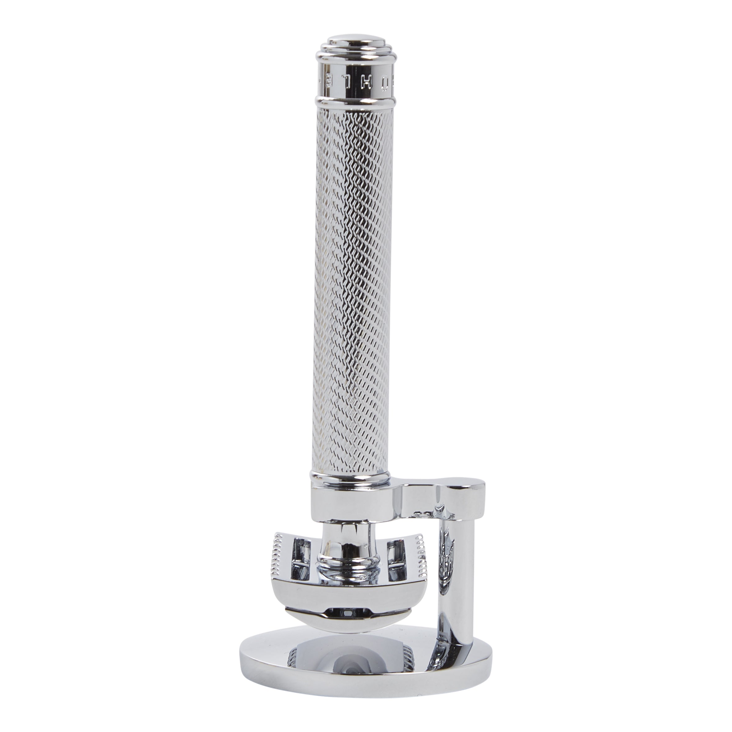 An elegant KirbyAllison.com Muhle Safety Razor Stand on a white background.