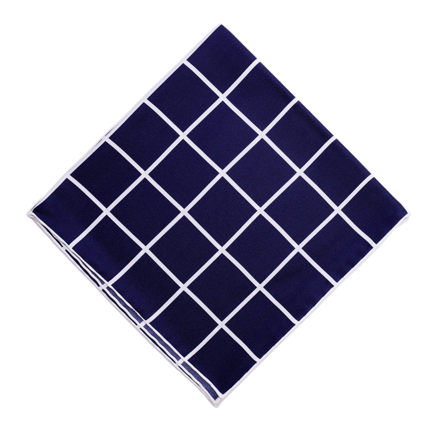 A Sovereign Grade Prince of Wales Pocket Square in navy and white by KirbyAllison.com, featuring a blue and white Prince of Wales pattern.