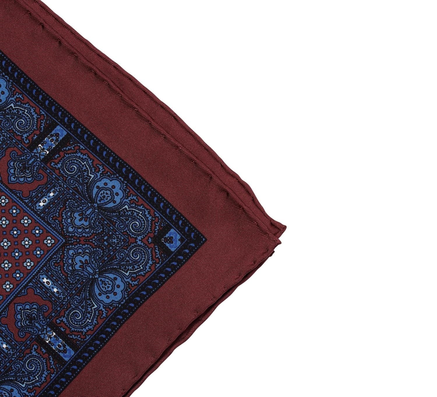 A Sovereign Grade 100% Silk Burgundy Repeating Floral pocket square from KirbyAllison.com, adding formality to any ensemble.