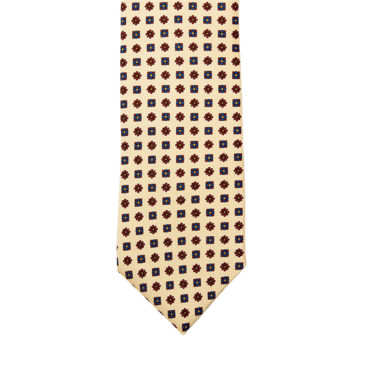 Handmade Sovereign Grade Cream Floral 25oz Silk Hopsack Tie (150x8.5 cm) with polka dots on a white background showcasing impeccable United Kingdom craftsmanship by KirbyAllison.com.