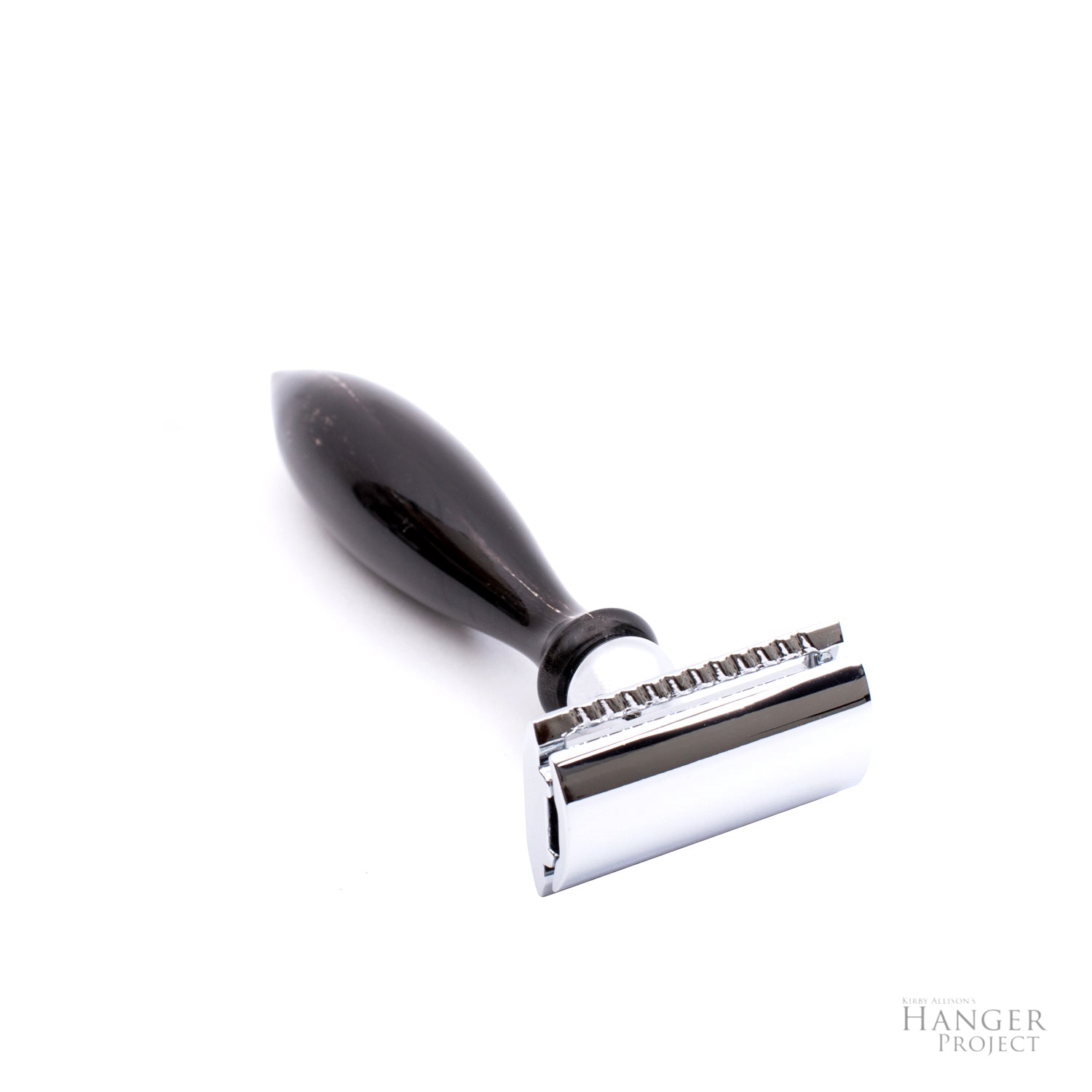 A black and white KirbyAllison.com Parker 3-Piece Horn Safety Razor with various handle finishes on a white background.