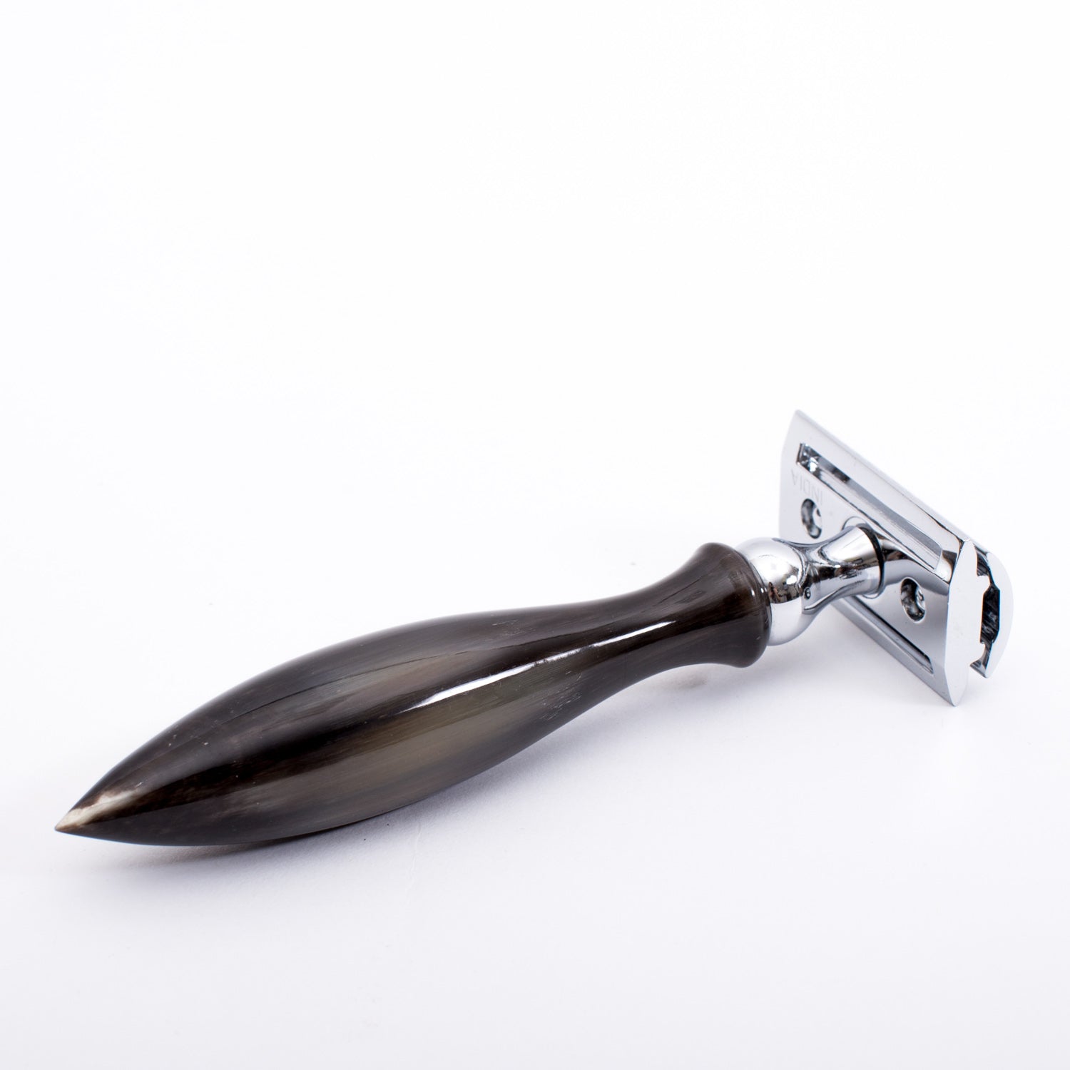 A KirbyAllison.com Parker 3-Piece Horn Safety Razor with a black handle.