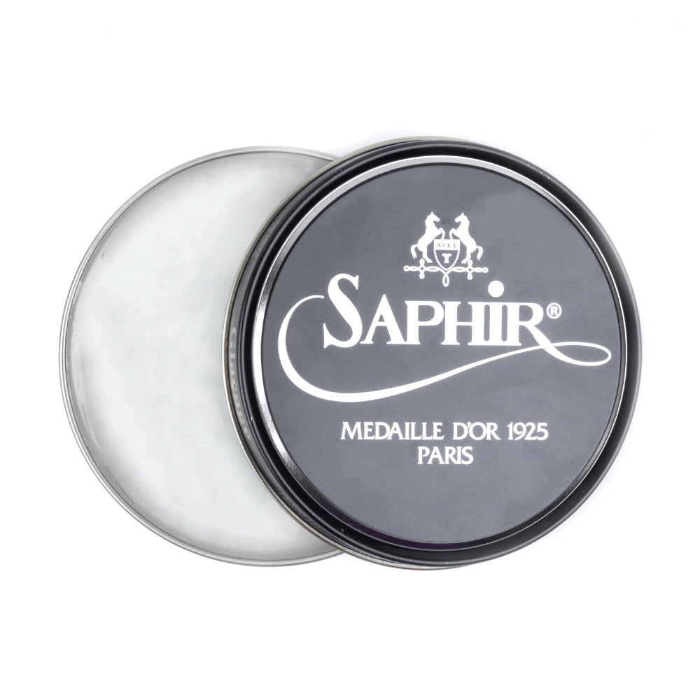 A tin of KirbyAllison.com Saphir Pate de Luxe Wax Shoe Polish 50 ml, a high-quality wax polish for achieving a high-gloss shoe shine.
