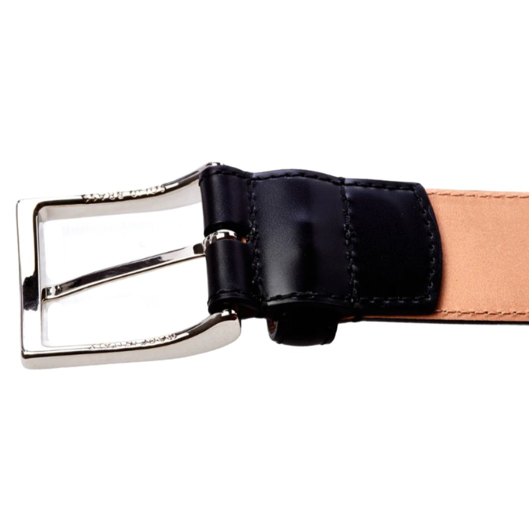 A Sovereign Grade Black Calfskin Dress Belt by KirbyAllison.com on a white background.