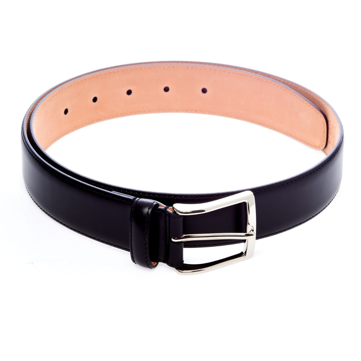A handcrafted Sovereign Grade Black Calfskin Dress Belt from KirbyAllison.com on a white background.