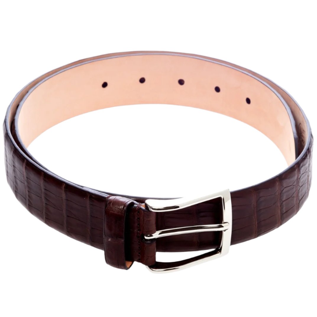 A Sovereign Grade Medium Brown Crocodile Belt with a satin finish on a white background, from KirbyAllison.com.