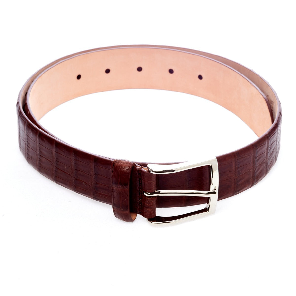 A Sovereign Grade Cognac Crocodile Belt with a satin finish by KirbyAllison.com.