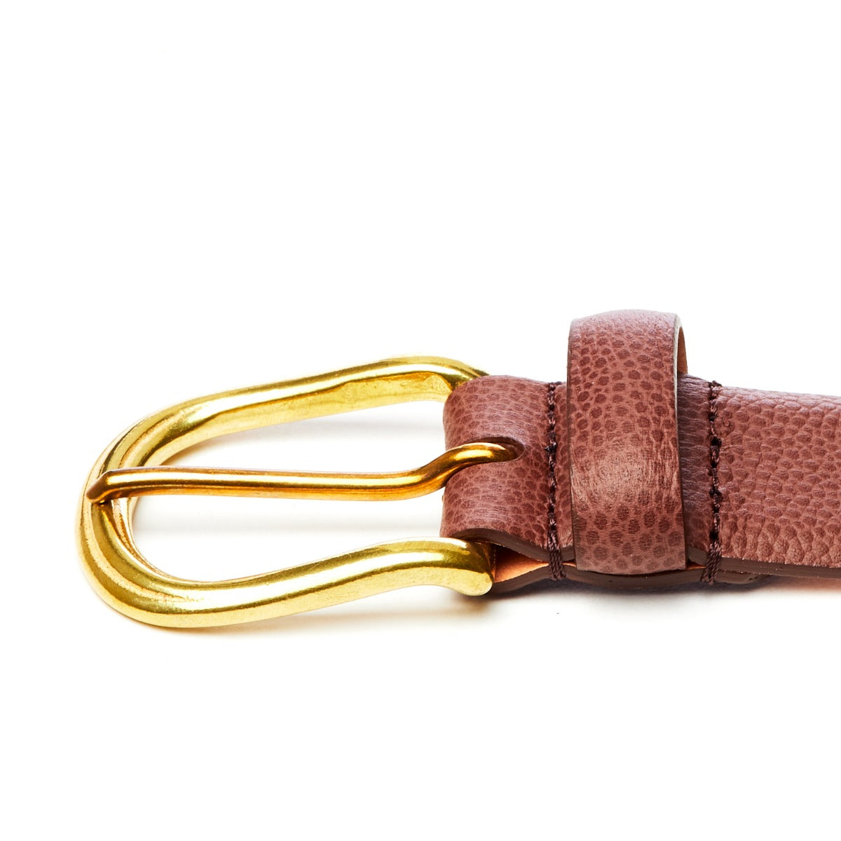 A Sovereign Grade Brown Grained Calfskin Dress Belt with a gold buckle from KirbyAllison.com.