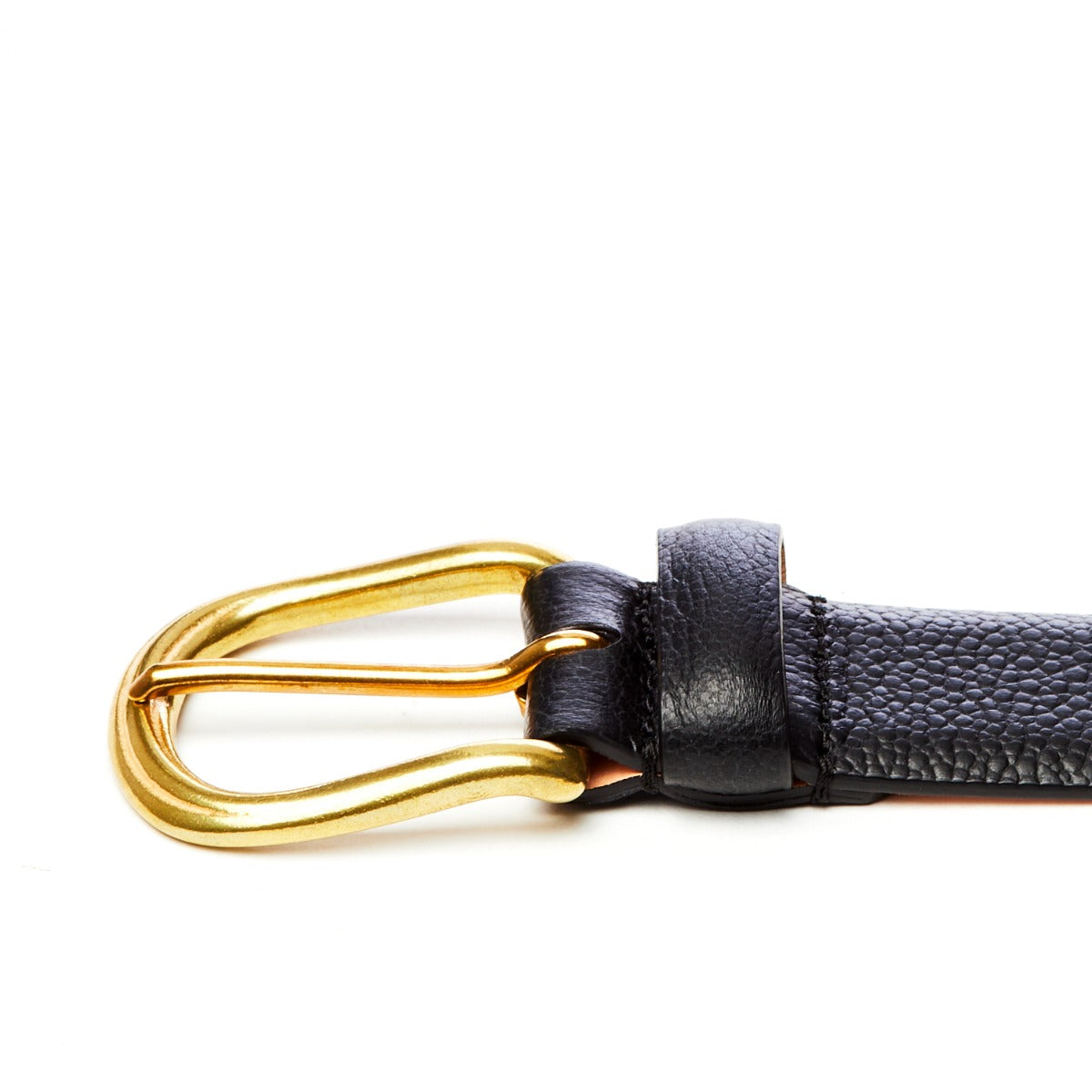 A handcrafted, Sovereign Grade Black Grained Calfskin Dress Belt from KirbyAllison.com with a gold buckle.