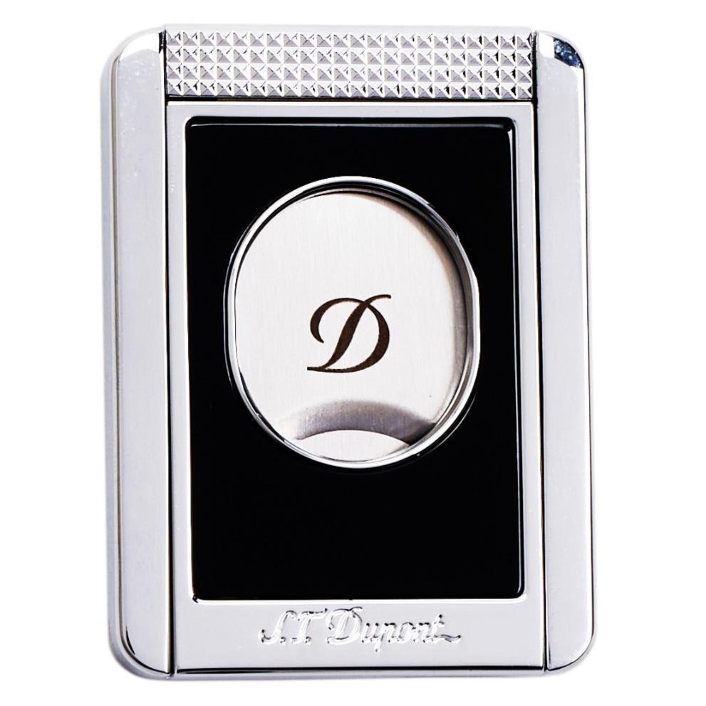 An S.T. Dupont Black & Chrome Cigar Cutter Stand with a lacquer finish and the letter d on it.