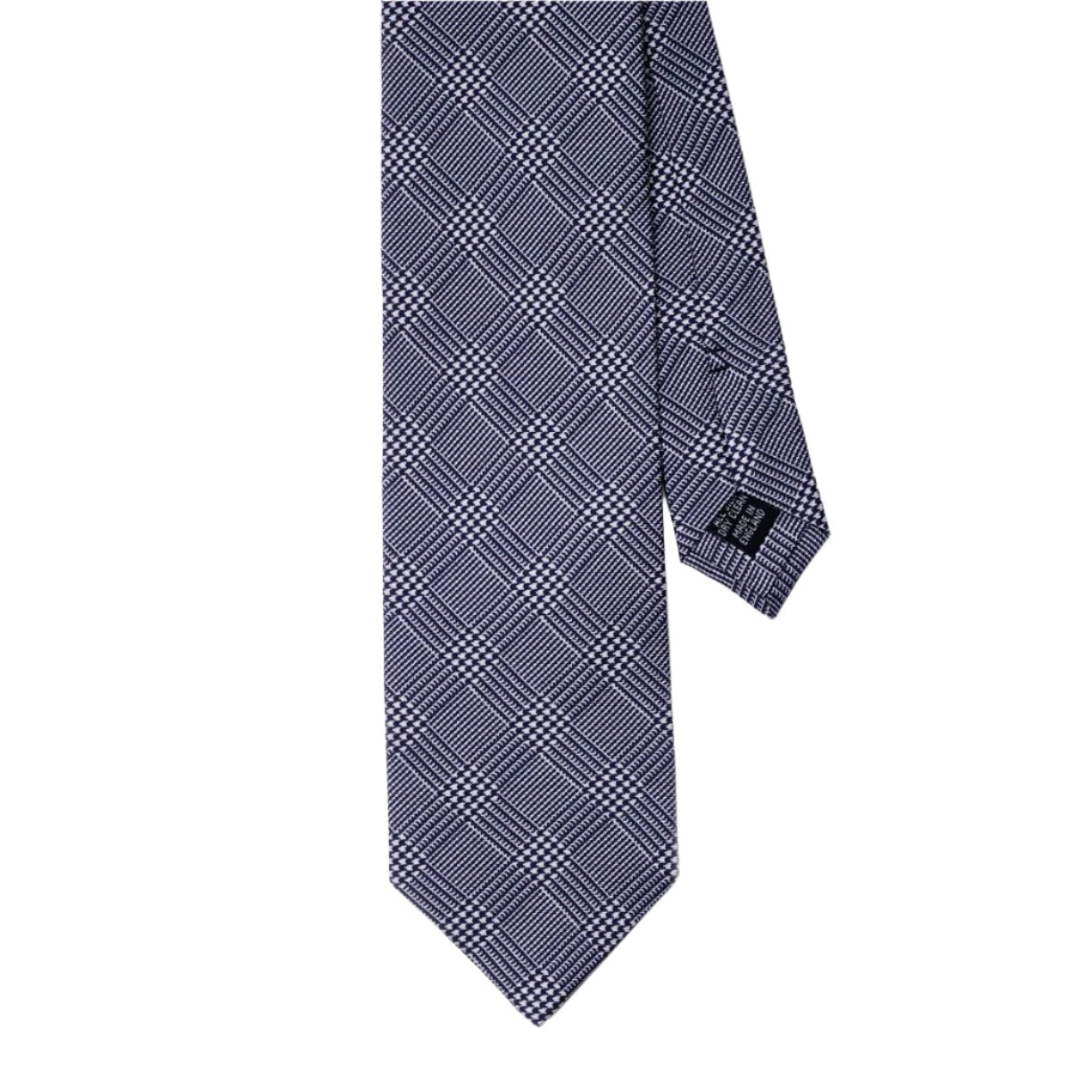 A Sovereign Grade Navy Prince of Wales Check tie on a white background, handmade by KirbyAllison.com.