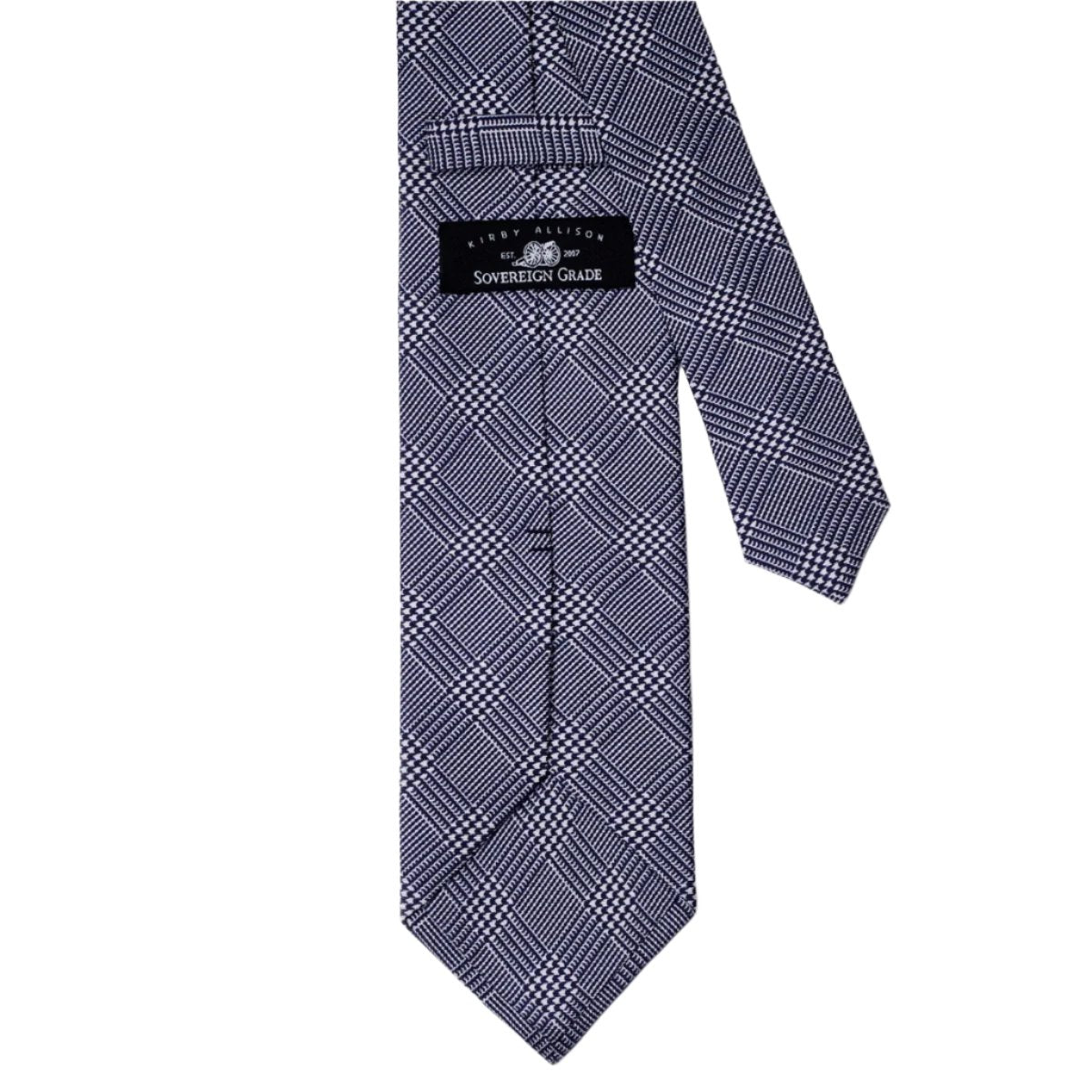 A Sovereign Grade Navy Prince of Wales Check, 150 CM handmade tie on a white background, available at KirbyAllison.com.