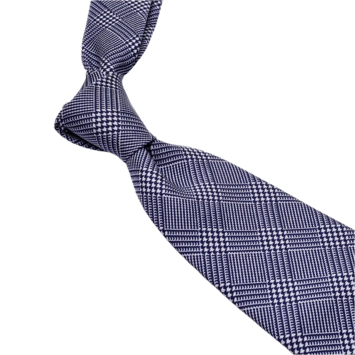 A KirbyAllison.com Sovereign Grade Navy Prince of Wales Check, 150 CM tie with United Kingdom vibes on a white background.