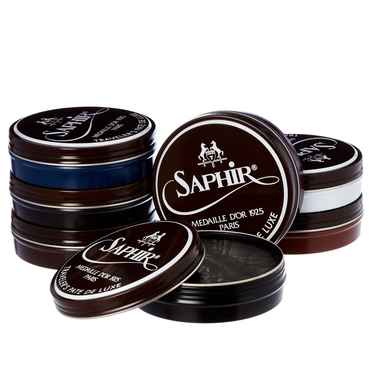 KirbyAllison.com Saphir Traveler's Pate de Luxe Wax Shoe Polish in tins on a white background.