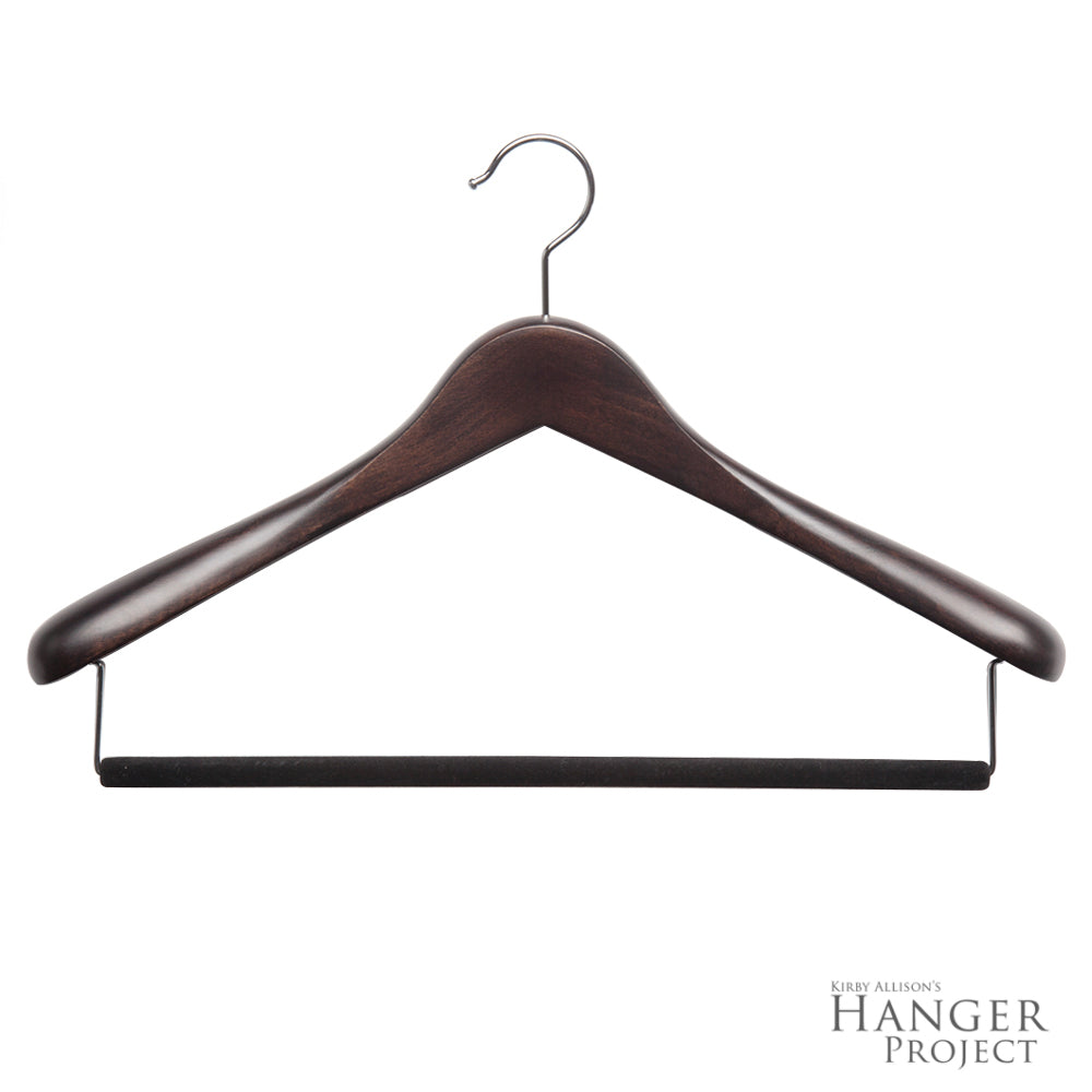 A Custom Luxury Wooden Suit Hanger from KirbyAllison.com on a white background with custom finishing.