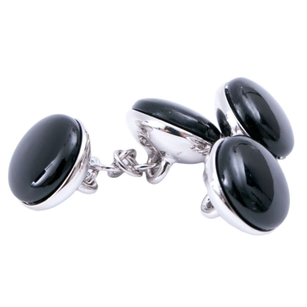 Handmade in England, Onyx Stone Rhodium Plated Capsule Cufflinks by KirbyAllison.com on a white background.