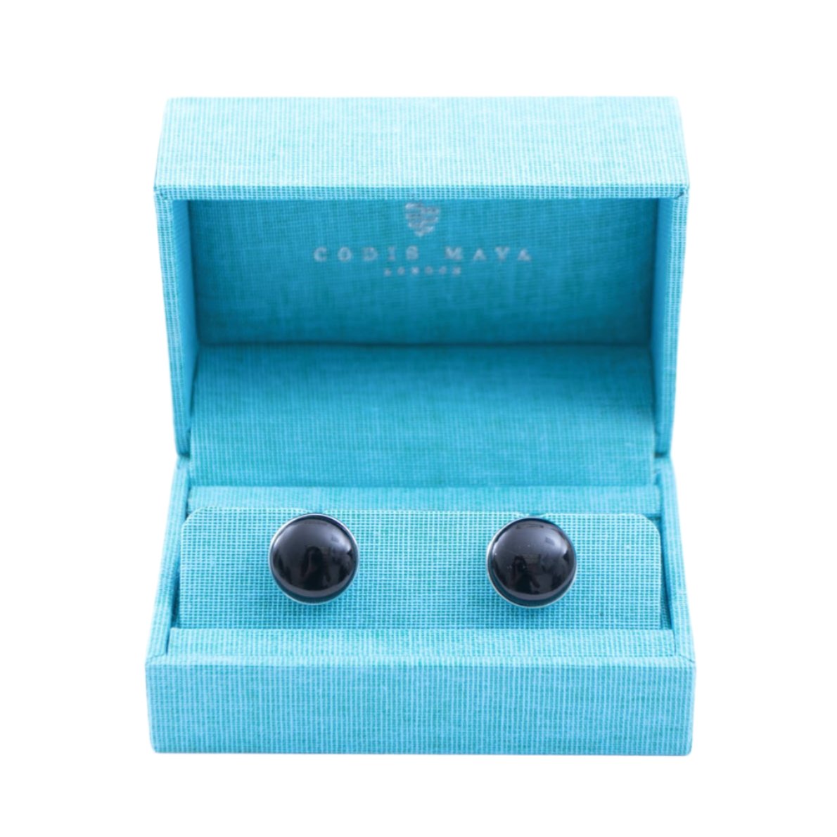 Handmade Onyx Stone Rhodium Plated Capsule Cufflinks by KirbyAllison.com in a blue box.