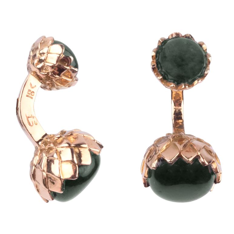 A pair of Sovereign Grade Gold Lotus Flower Jade Cufflinks with green stones and rose gold by KirbyAllison.com.