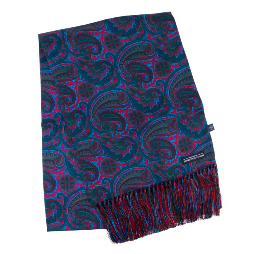 A blue and purple paisley Sovereign Grade Ancient Madder Silk Scarf with fringes, a winter accessory by KirbyAllison.com.