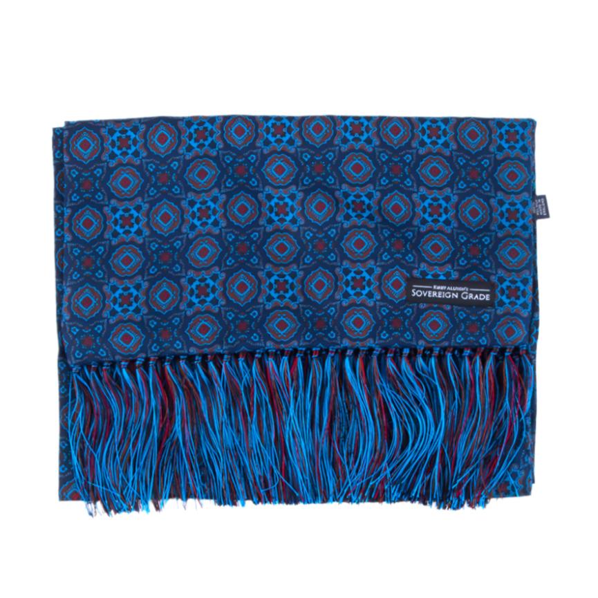 An English made Sovereign Grade Ancient Madder Blue Motif Silk Scarf with fringes from KirbyAllison.com.