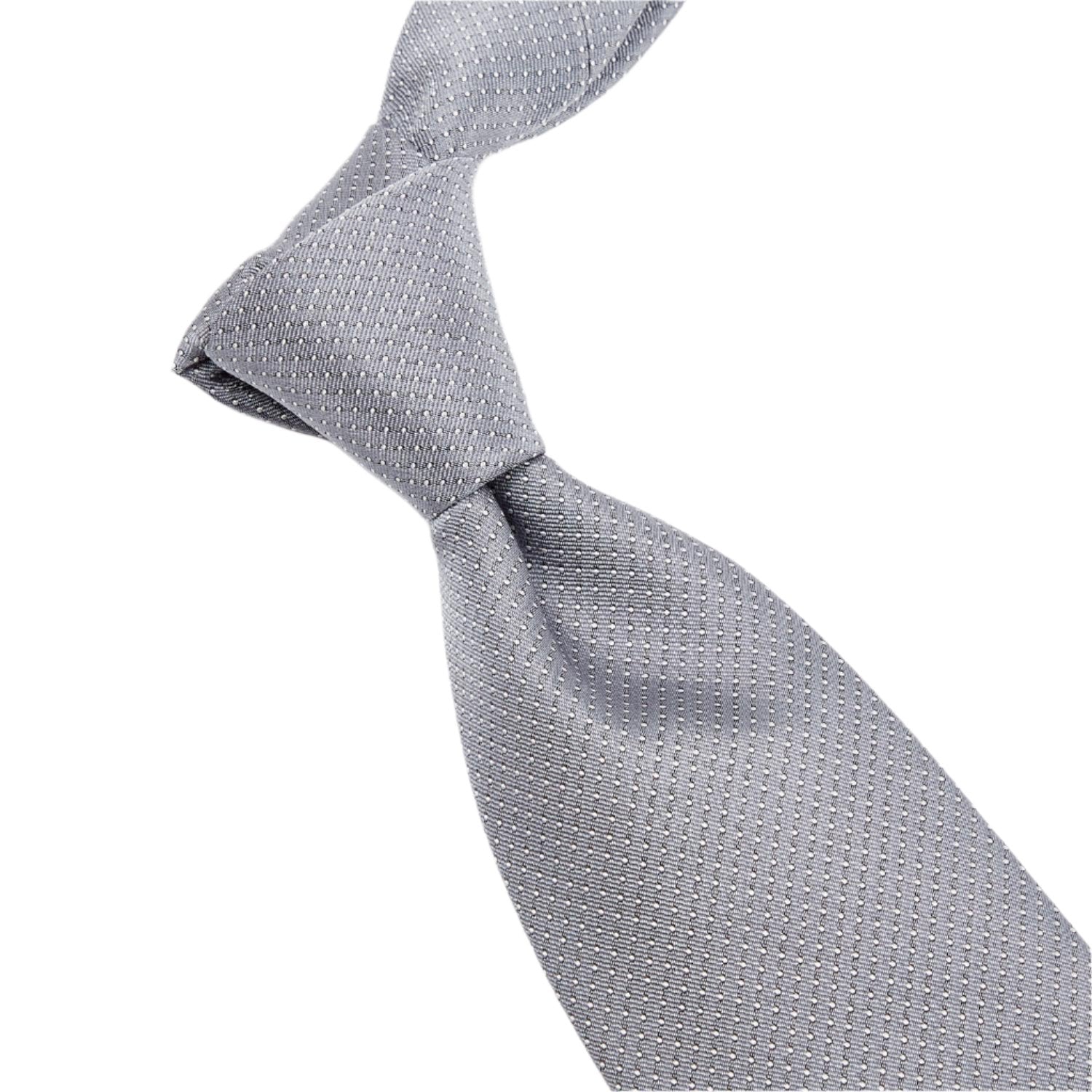 A quality Sovereign Grade Silver Silk Micro Dot Tie from KirbyAllison.com, handmade gray tie on a white background.