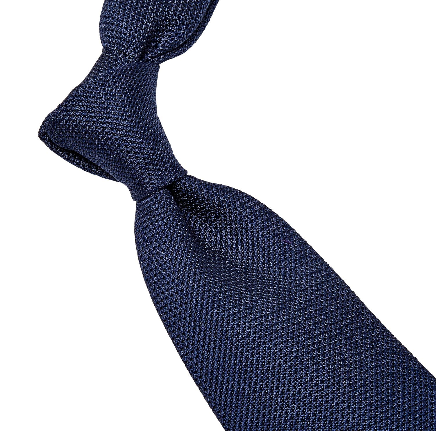 A KirbyAllison.com Sovereign Grade Grenadine Fina Dark Navy Tie on a white background celebrating United Kingdom craftsmanship.