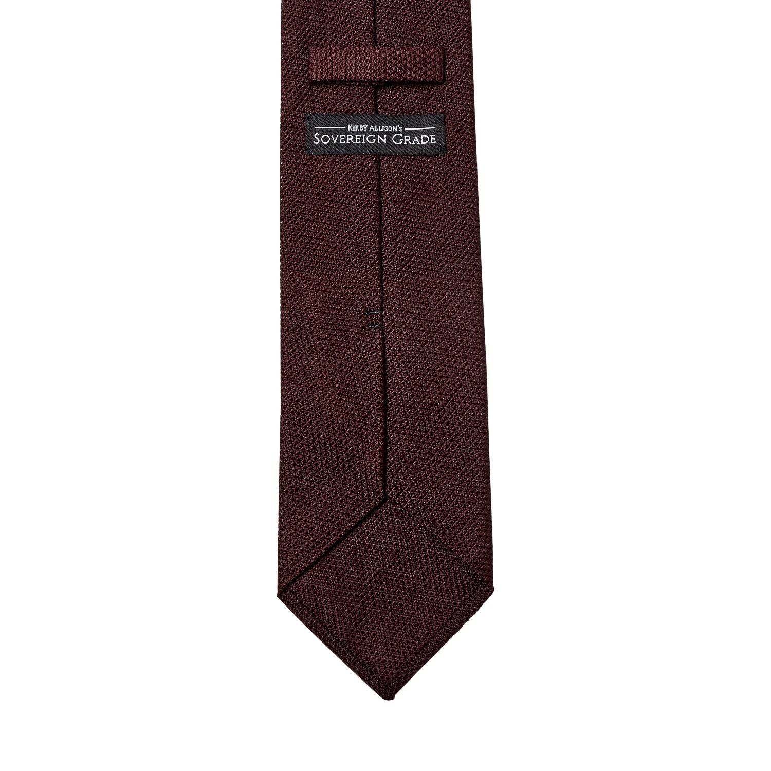 A handmade Sovereign Grade Grenadine Fina Burgundy Tie on a white background in the United Kingdom from KirbyAllison.com.