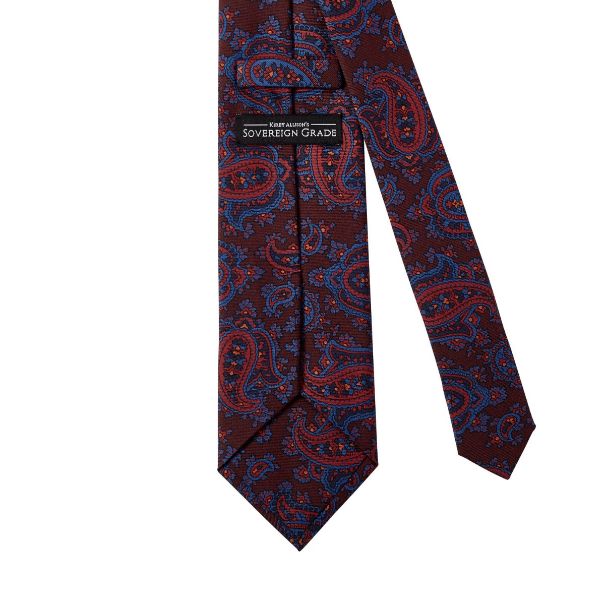 A Sovereign Grade Burgundy Ancient Madder Paisley Tie from KirbyAllison.com, showcasing quality craftsmanship.